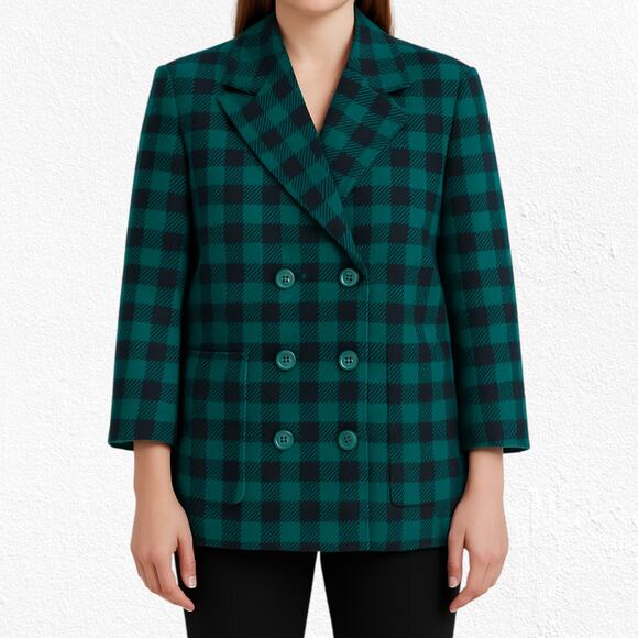 70s Vintage Emmanuelle Khanh Green Plaid Double Breasted Wool Blazer Size 10 - Picture 2 of 11